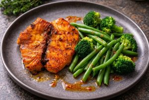 הדג מוגש לצד ירקות ירוקים